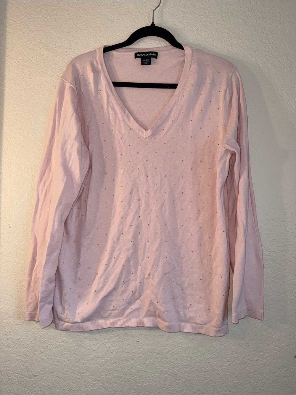 DKNY Light Pink V-Neck Long Sleeve Sweater with Subtle Stud Detail
